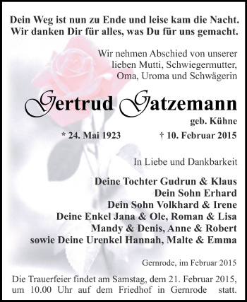 Traueranzeige von Gertrud Gatzemann von WVG - Wochenspiegel Quedlinburg