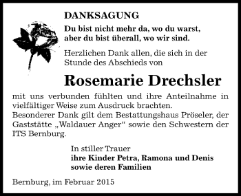 Traueranzeige von Rosemarie Drechsler von Mitteldeutsche Zeitung Bernburg