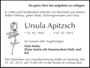 Traueranzeige von Ursula Apitzsch von Mitteldeutsche Zeitung
