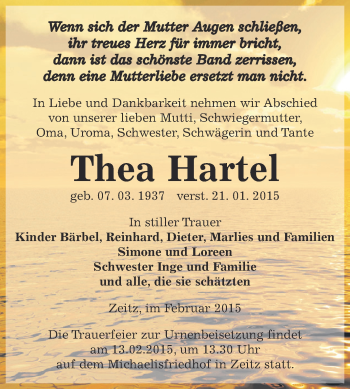 Traueranzeige von Thea Hartel von Super Sonntag Zeitz
