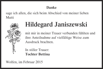 Traueranzeige von Hildegard Janiszewski von WVG - Wochenspiegel Bitterfeld