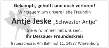 Traueranzeige von Jeske  Antje von WVG - Wochenspiegel Dessau / Köthen