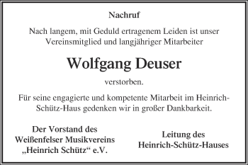 Traueranzeige von Wolfgang Deuser von WVG - Wochenspiegel NMB / WSF / ZTZ