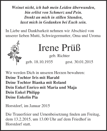 Traueranzeige von Irene Prüß von WVG - Wochenspiegel Wittenberg