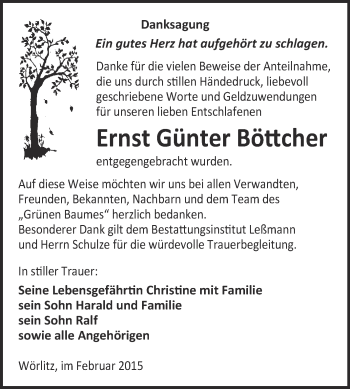 Traueranzeige von Ernst Günter Böttcher von WVG - Wochenspiegel Wittenberg