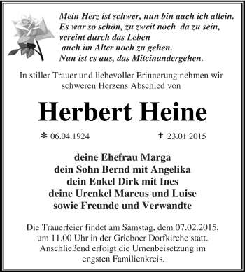 Traueranzeige von Herbert Heine von WVG - Wochenspiegel Dessau / Köthen