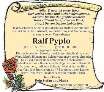 Traueranzeige von Ralf Pyplo von WVG - Wochenspiegel Merseburg