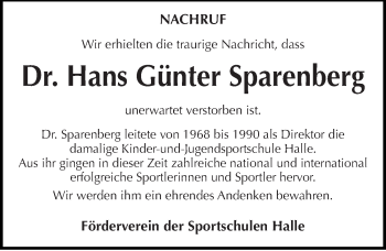 Traueranzeige von Hans Günter Sparenberg von Mitteldeutsche Zeitung Halle/Saalkreis