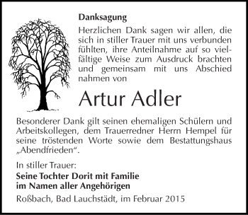 Traueranzeige von Artur Adler von Mitteldeutsche Zeitung Merseburg/Querfurt