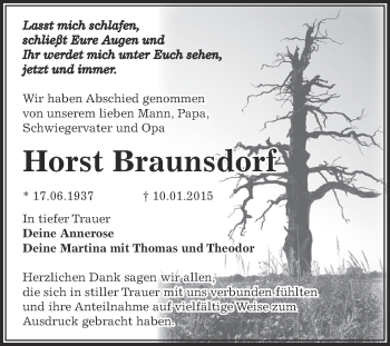 Traueranzeige von Horst Braunsdorf von WVG - Wochenspiegel Dessau / Köthen