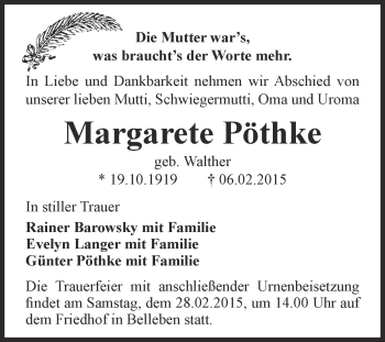 Traueranzeige von Margarete Pöthke von Super Sonntag Bernburg