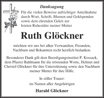 Traueranzeige von Ruth Glöckner von WVG - Wochenspiegel Dessau / Köthen