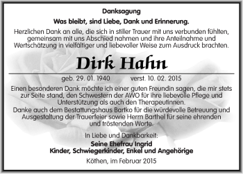 Traueranzeige von Dirk Hahn von Mitteldeutsche Zeitung Köthen