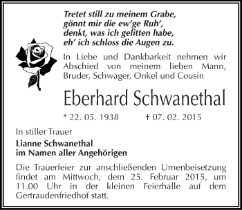 Traueranzeige von Eberhard Schwanethal von Mitteldeutsche Zeitung Halle/Saalkreis