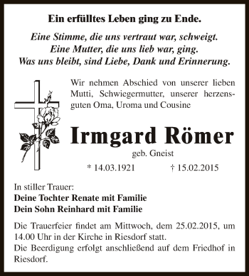 Traueranzeige von Irmgard Römer von WVG - Wochenspiegel Dessau / Köthen