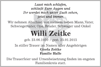 Traueranzeige von Willi Zeitke von WVG - Wochenspiegel Dessau / Köthen