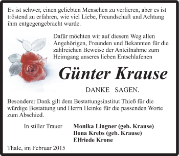 Traueranzeige von Günter Krause von Mitteldeutsche Zeitung Quedlinburg