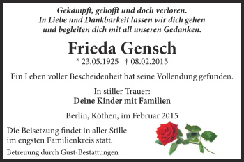 Traueranzeige von Frieda Gensch von WVG - Wochenspiegel Dessau / Köthen