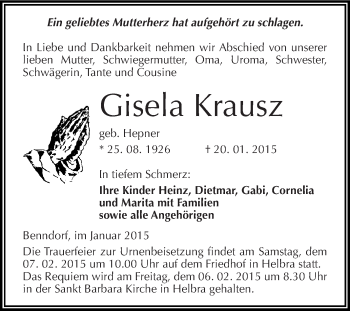 Traueranzeige von Gisela Krausz von Wochenspiegel Mansfelder Land