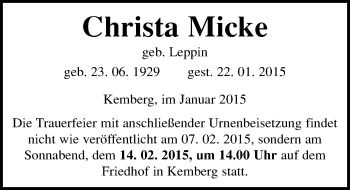 Traueranzeige von Christa Micke von Mitteldeutsche Zeitung Wittenberg