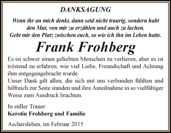 Traueranzeige von Frank Frohberg von Super Sonntag Aschersleben