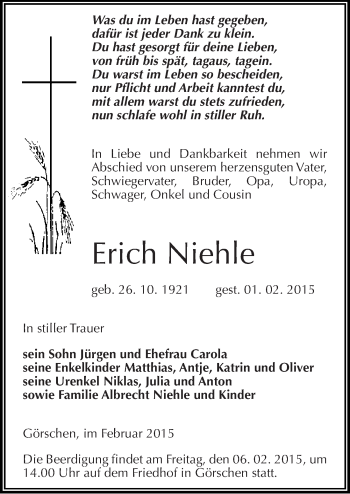 Traueranzeige von Erich Niehle von Mitteldeutsche Zeitung Naumburg/Nebra