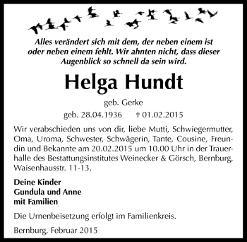 Traueranzeige von Helga Hundt von Mitteldeutsche Zeitung Bernburg