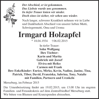Traueranzeige von Irmgard Holzapfel von WVG - Wochenspiegel Merseburg