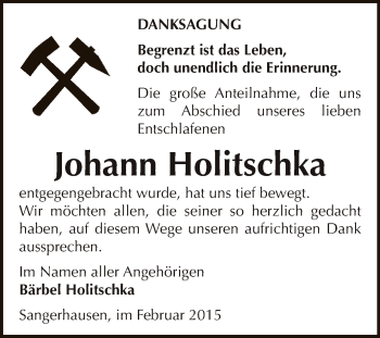 Traueranzeige von Johann Holitschka von Super Sonntag SGH Mansf. Land