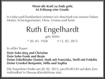 Traueranzeige von Ruth Engelhardt von Mitteldeutsche Zeitung Dessau-Roßlau
