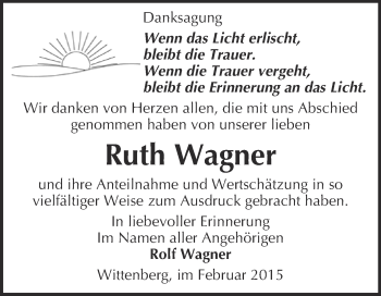 Traueranzeige von Ruth Wagner von Super Sonntag Wittenberg