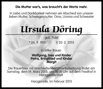 Traueranzeige von Ursula Döring von Mitteldeutsche Zeitung Quedlinburg