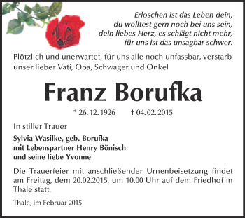 Traueranzeige von Franz Borufka von WVG - Wochenspiegel Quedlinburg