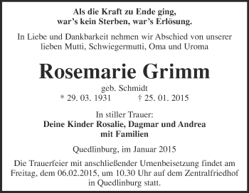 Traueranzeige von Rosemarie Grimm von WVG - Wochenspiegel Quedlinburg