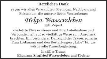 Traueranzeige von Helga Wassersleben von WVG - Wochenspiegel Dessau / Köthen