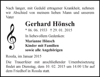 Traueranzeige von Gerhard Hönsch von Super Sonntag SGH Mansf. Land
