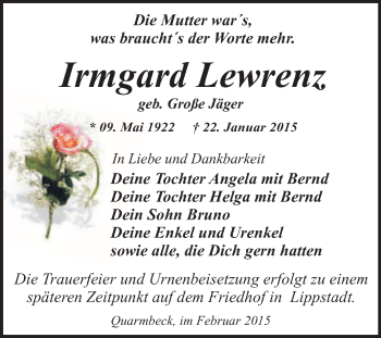 Traueranzeige von Irmgard Lewrenz von WVG - Wochenspiegel Quedlinburg