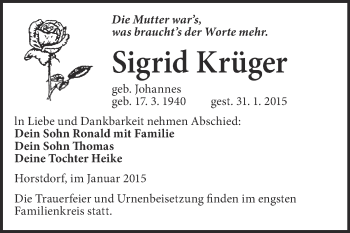 Traueranzeige von Sigrid Krüger von WVG - Wochenspiegel Wittenberg