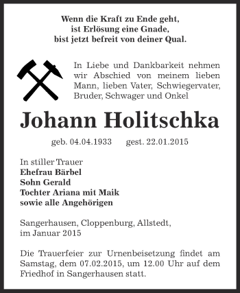 Traueranzeige von Johann Holitschka von Super Sonntag SGH Mansf. Land