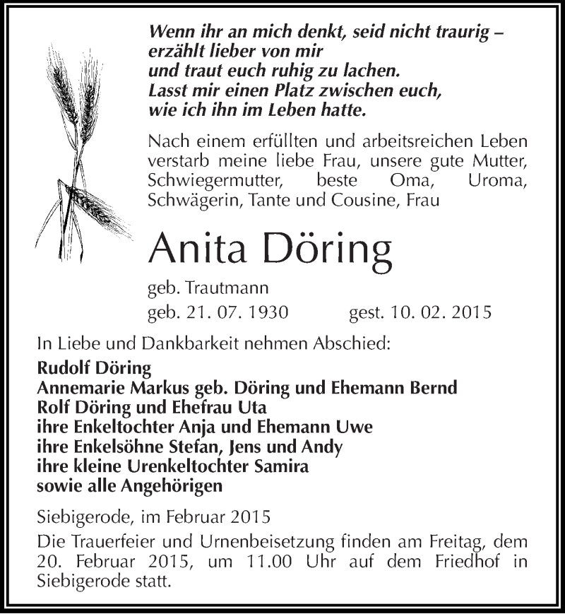  Traueranzeige für Anita Döring vom 14.02.2015 aus Mitteldeutsche Zeitung Mansfelder Land