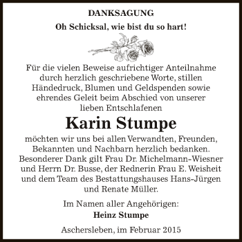 Traueranzeige von Karin Stumpe von Super Sonntag Aschersleben