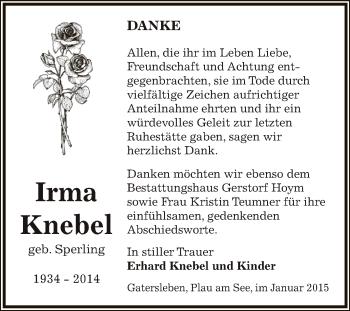 Traueranzeige von Irma Knebel von Super Sonntag Aschersleben
