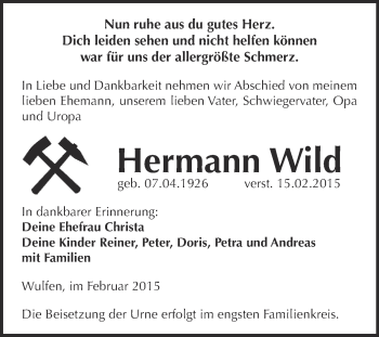 Traueranzeige von Hermann Wild von WVG - Wochenspiegel Dessau / Köthen