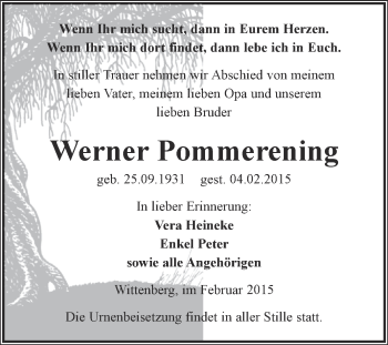 Traueranzeige von Werner Pommerening von WVG - Wochenspiegel Wittenberg