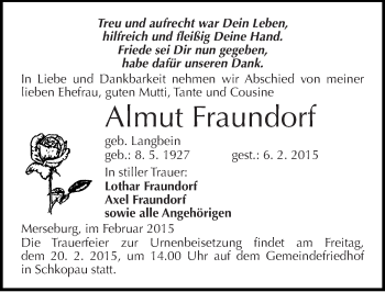 Traueranzeige von Almut Fraundorf von Mitteldeutsche Zeitung Merseburg/Querfurt