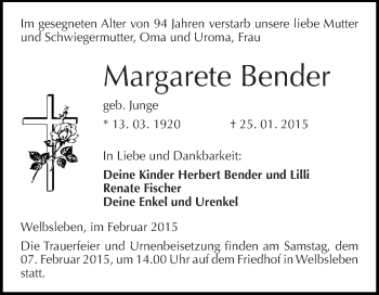 Traueranzeige von Margarete Bender von Wochenspiegel Mansfelder Land