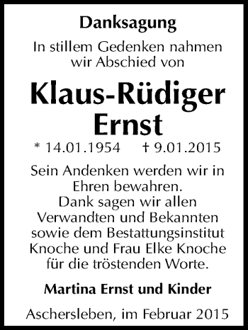 Traueranzeige von Klaus-Rüdiger Ernst von Mitteldeutsche Zeitung Aschersleben