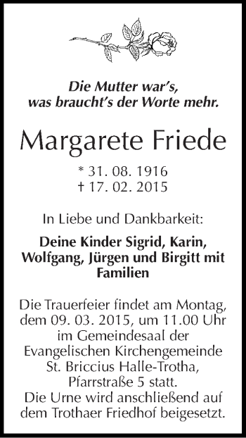 Traueranzeige von Margarete Friede von Mitteldeutsche Zeitung Halle/Saalkreis
