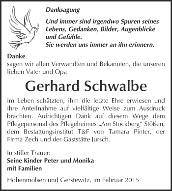 Traueranzeige von Gerhard Schwalbe von WVG - Wochenspiegel NMB / WSF / ZTZ