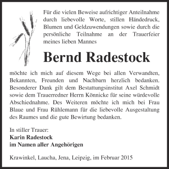 Traueranzeige von Bernd Radestock von WVG - Wochenspiegel NMB / WSF / ZTZ